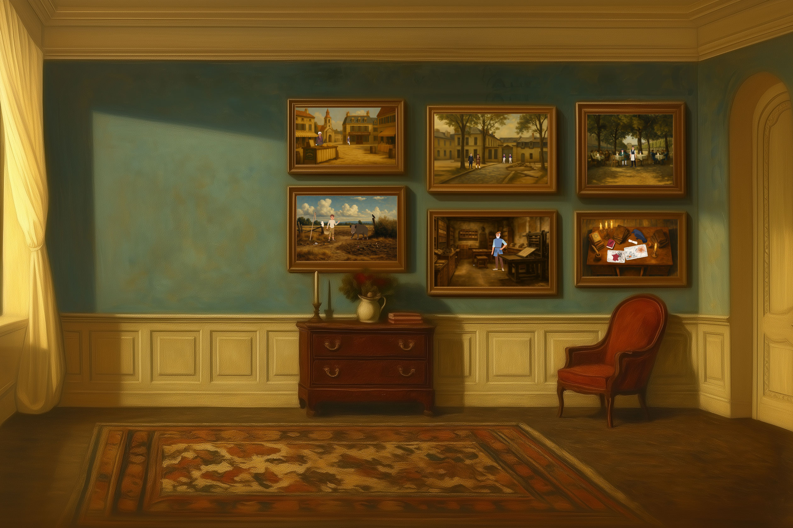 Ein &Ouml;lgem&auml;lde von einem Flur in dem mehrere &Ouml;lgem&auml;lde &uuml;ber einer kleinen Kommode h&auml;ngen. Beleuchtet durch Kerzen.