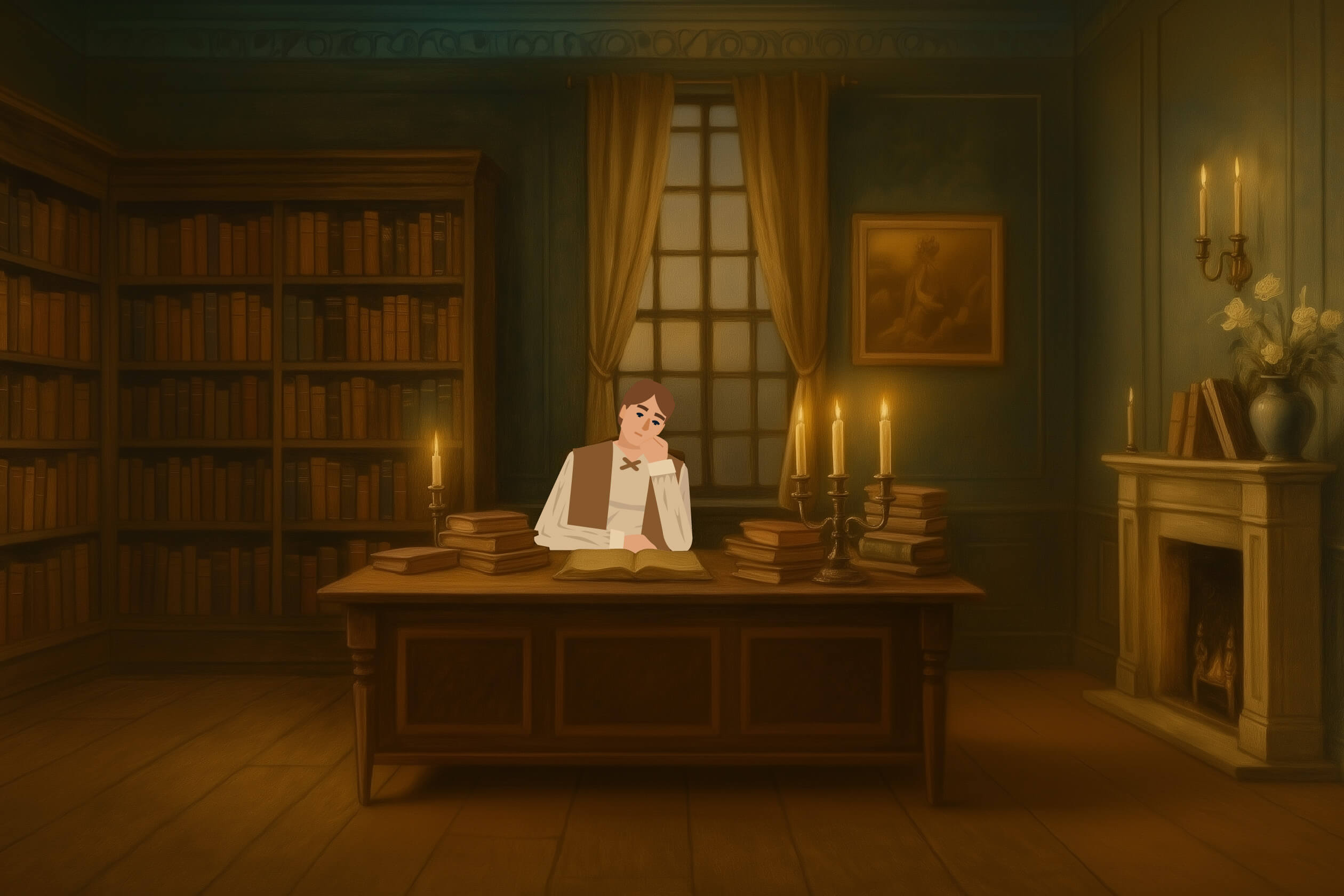 Ein Schreibtsich, beleuchtet von Kerzenlicht.